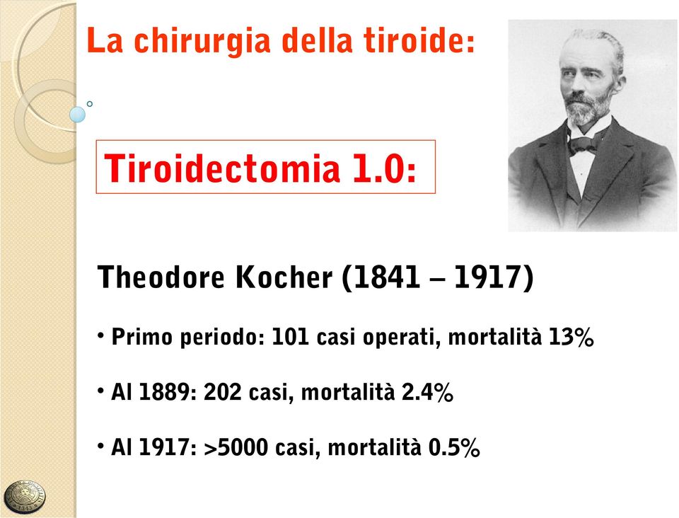 101 casi operati, mortalità 13% Al 1889: 202