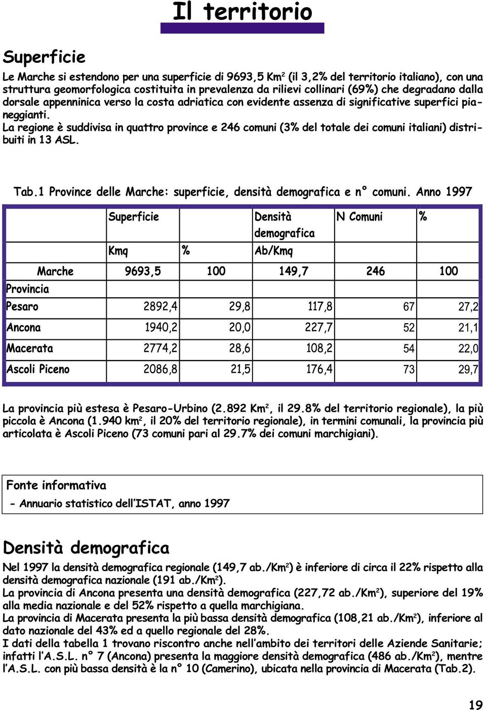 La regione è suddivisa in quattro province e 246 comuni (3% del totale dei comuni italiani) distribuiti in 13 ASL. Tab.1 Province delle Marche: superficie, densità demografica e n comuni.