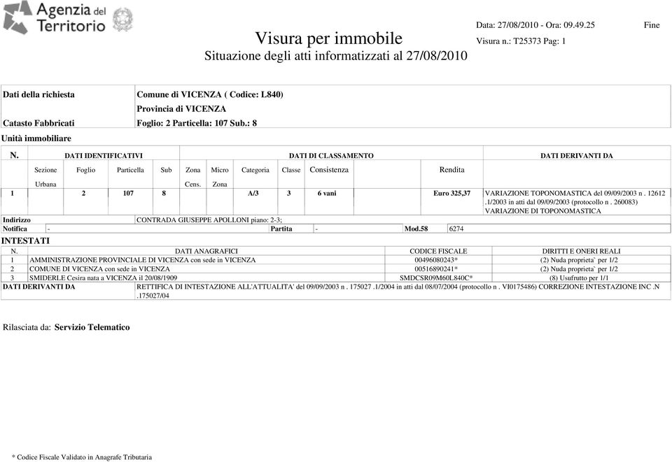 : 8 Unità immobiliare N. DATI IDENTIFICATIVI DATI DI CLASSAMENTO DATI DERIVANTI DA Sezione Foglio Particella Sub Zona Micro Categoria Classe Consistenza Rendita Urbana Cens.