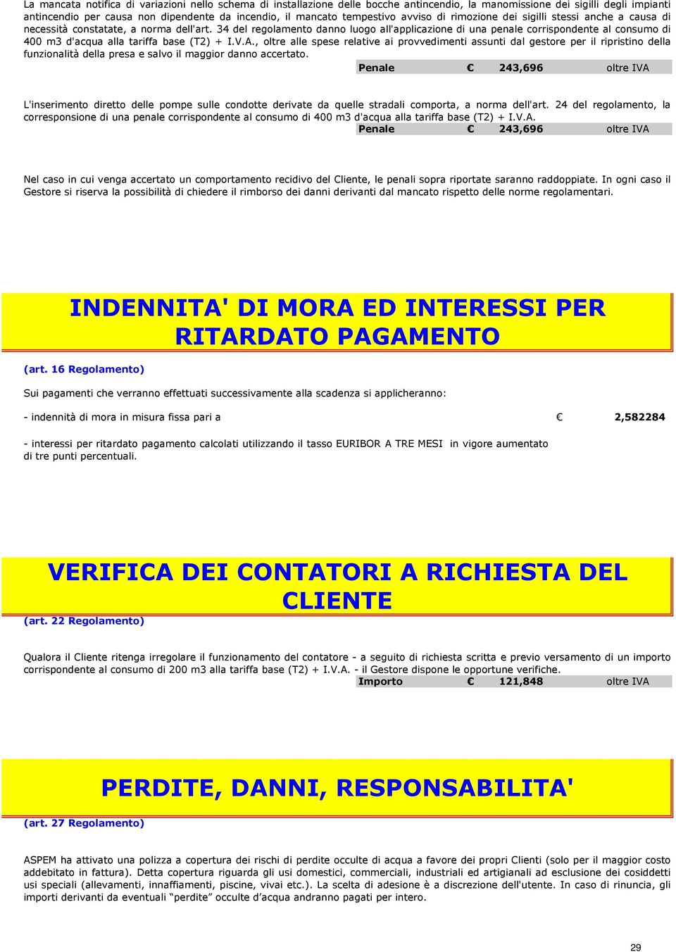 34 del regolamento danno luogo all'applicazione di una penale corrispondente al consumo di 400 m3 d'acqua alla tariffa base (T2) + I.V.A.