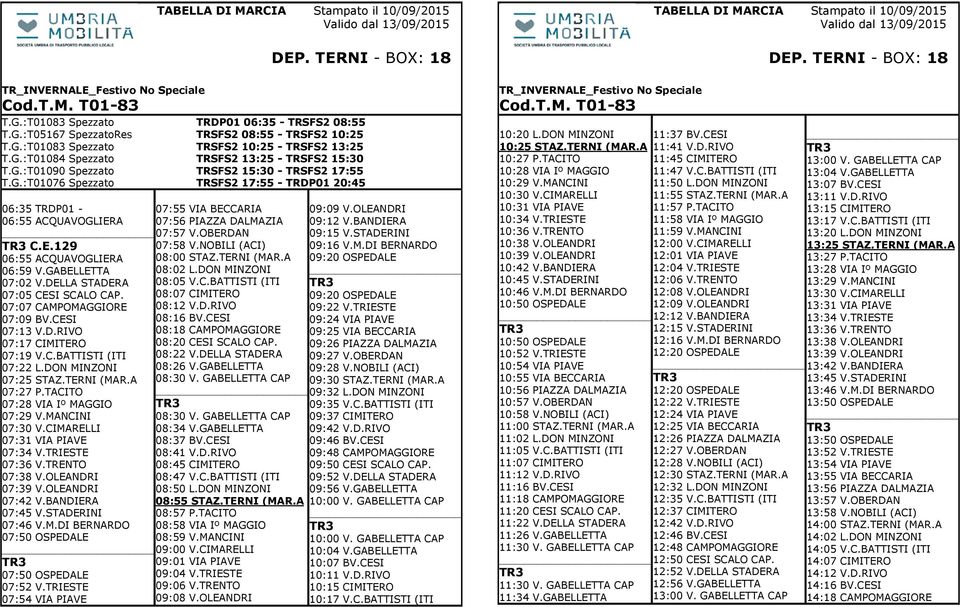GABELLETTA 07:02 V.DELLA STADERA 07:05 CESI SCALO CAP. 07:07 CAMPOMAGGIORE 07:09 BV.CESI 07:13 V.D.RIVO 07:17 CIMITERO 07:19 V.C.BATTISTI (ITI 07:22 L.DON MINZONI 07:25 STAZ.TERNI (MAR.A 07:27 P.