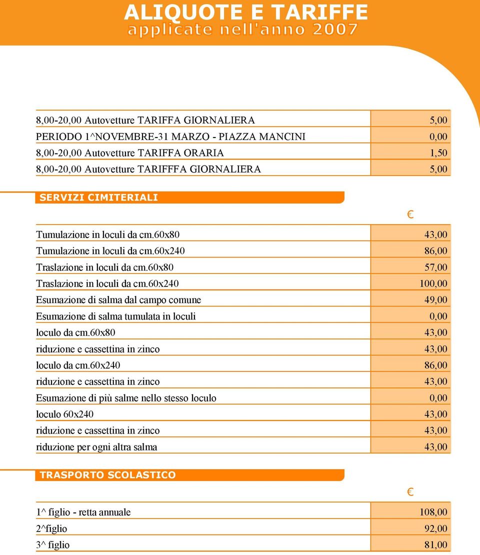 60x80 57,00 Traslazione in loculi da cm.60x240 100,00 Esumazione di salma dal campo comune 49,00 Esumazione di salma tumulata in loculi 0,00 loculo da cm.