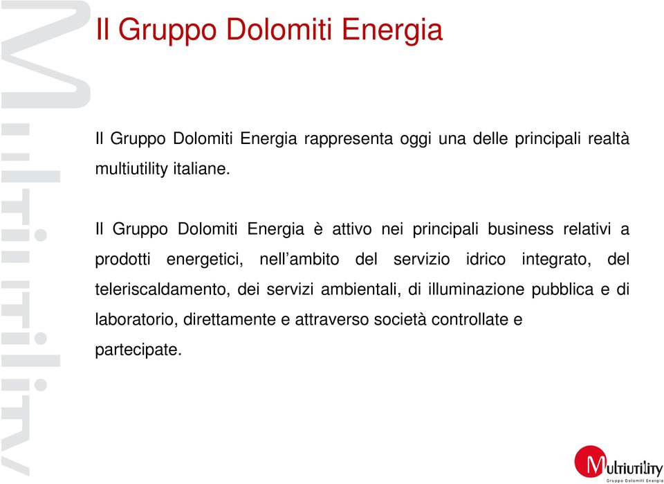 Il Gruppo Dolomiti Energia è attivo nei principali business relativi a prodotti energetici, nell