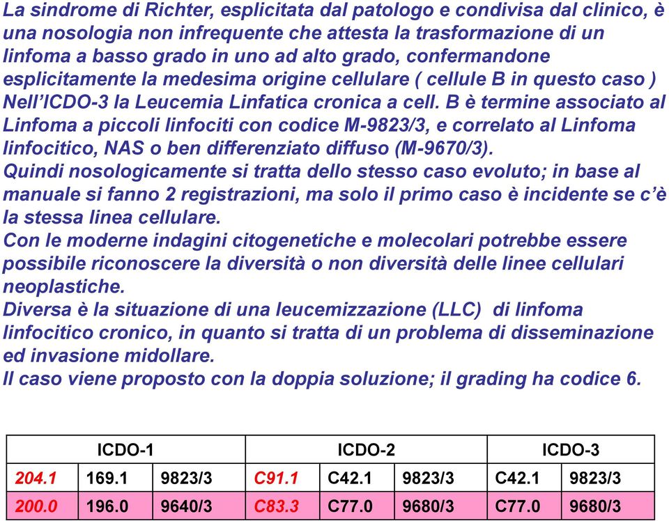 B è termine associato al Linfoma a piccoli linfociti con codice M-9823/3, e correlato al Linfoma linfocitico, NAS o ben differenziato diffuso (M-9670/3).