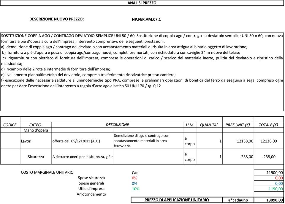 intervento comprensivo delle seguenti prestazioni: a) demolizione di coppia ago / contrago del deviatoio con accatastamento materiali di risulta in area attigua al binario oggetto di lavorazione; b)