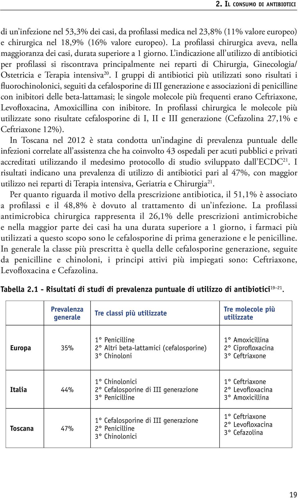 L indicazione all utilizzo di antibiotici per profilassi si riscontrava principalmente nei reparti di Chirurgia, Ginecologia/ Ostetricia e Terapia intensiva 20.