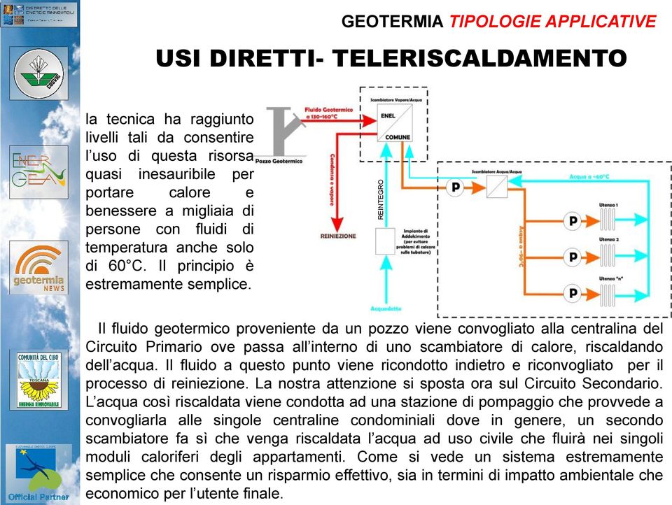 REINTEGRO USI DIRETTI- TELERISCALDAMENTO Il fluido geotermico proveniente da un pozzo viene convogliato alla centralina del Circuito Primario ove passa all interno di uno scambiatore di calore,