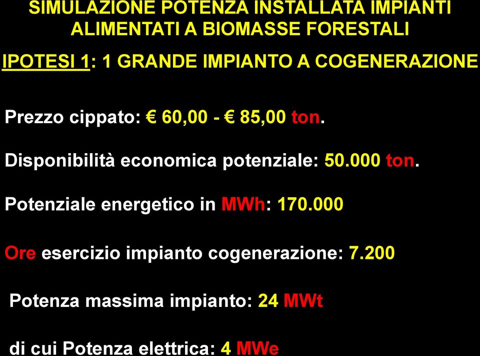 Disponibilità economica potenziale: 50.000 ton. Potenziale energetico in MWh: 170.