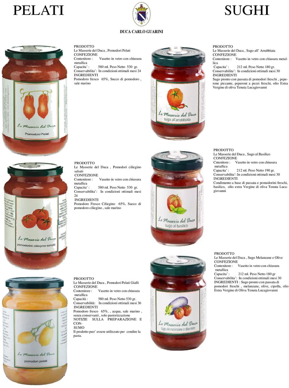 Conservabilita : In condizioni ottimali mesi 30 Sugo pronto con passata di pomodori freschi, peperone piccante, peperoni a pezzi freschi, olio Extra Vergine di oliva Tenuta Lucagiovanni Le Masserie