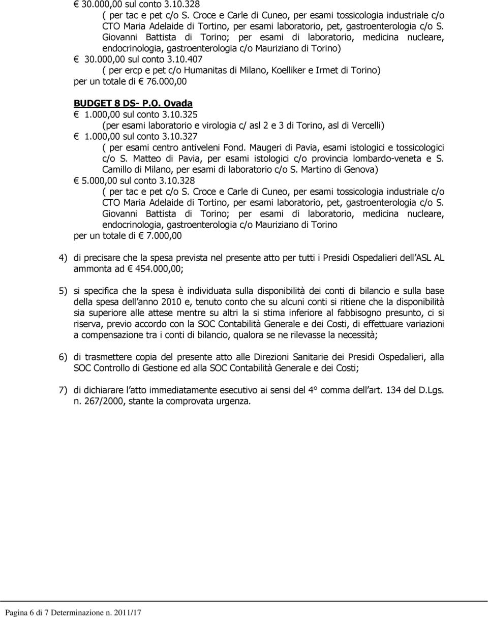 Maugeri di Pavia, esami istologici e tossicologici c/o S. Matteo di Pavia, per esami istologici c/o provincia lombardo-veneta e S. Camillo di Milano, per esami di laboratorio c/o S.