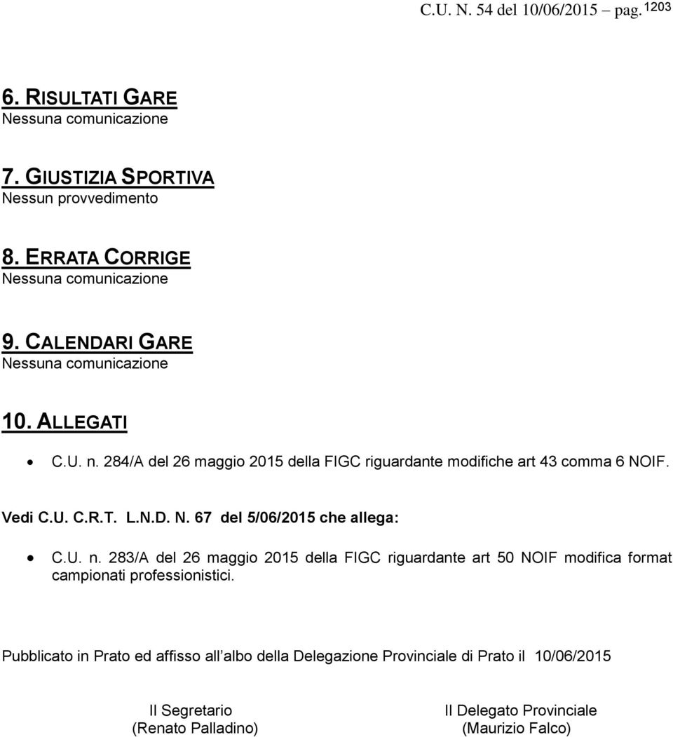 U. n. 283/A del 26 maggio 2015 della FIGC riguardante art 50 NOIF modifica format campionati professionistici.