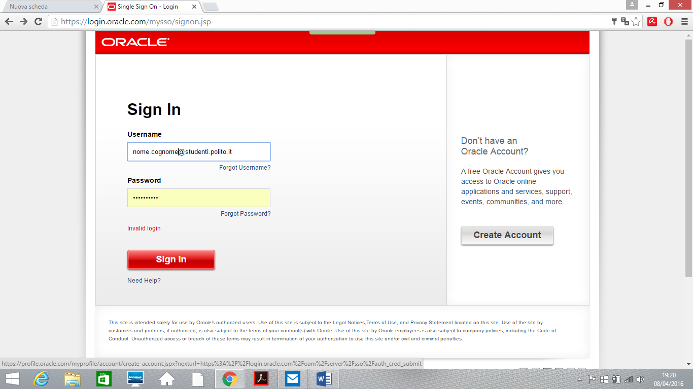 L avvio del download richiede prima la registrazione di un account gratuito Oracle come visto da schermata sotto, tramite il pulsante create account a destra.