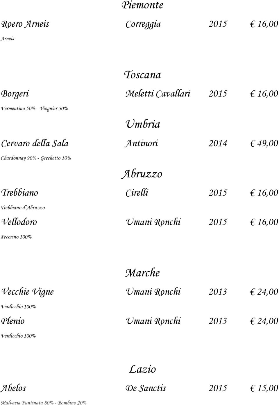 Trebbiano d Abruzzo Vellodoro Umani Ronchi 2015 16,00 Pecorino 100% Marche Vecchie Vigne Umani Ronchi 2013 24,00