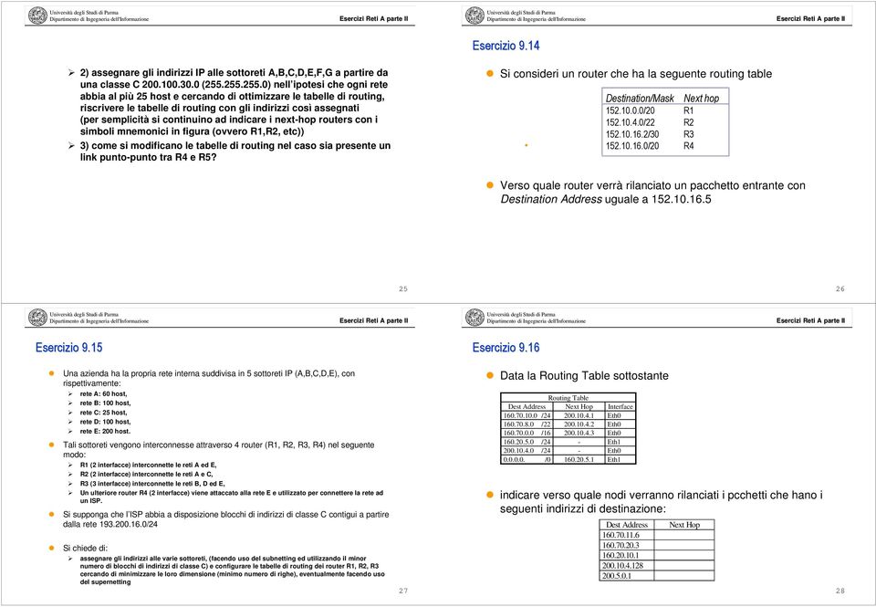 continuino ad indicare i next-hop routers con i simboli mnemonici in figura (ovvero R1,R2, etc)) 3) come si modificano le tabelle di routing nel caso sia presente un link punto-punto tra R4 e R5?
