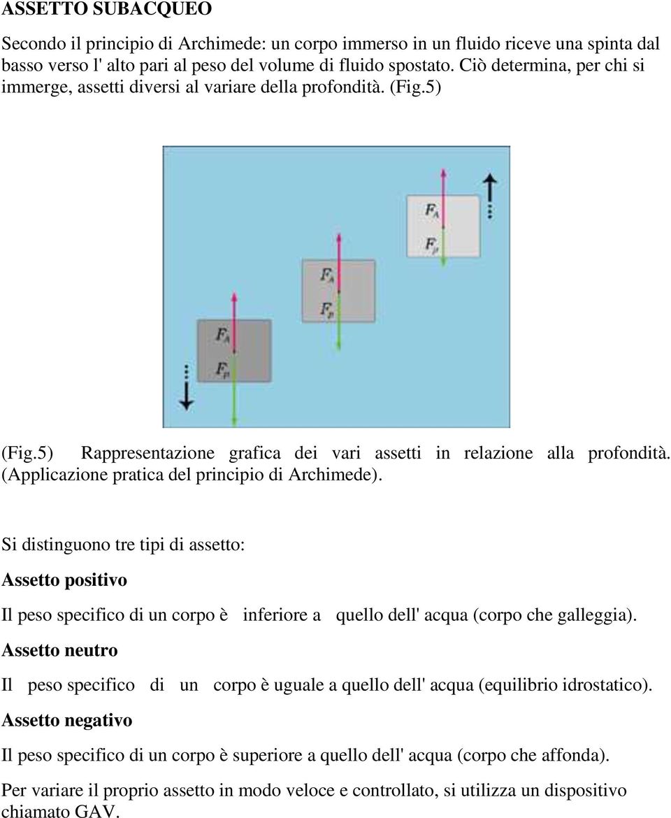 (Applicazione pratica del principio di Archimede). Si distinguono tre tipi di assetto: Assetto positivo Il peso specifico di un corpo è inferiore a quello dell' acqua (corpo che galleggia).