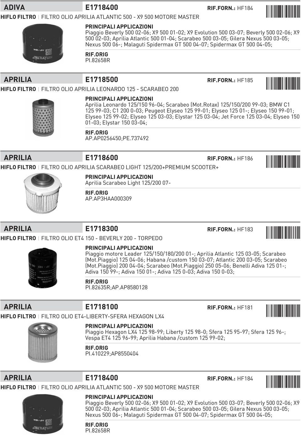 01-04; Scarabeo 500 03-05; Gilera Nexus 500 03-05; Nexus 500 06-; Malaguti Spidermax GT 500 04-07; Spidermax GT 500 04-05; PI.82658R APRILIA E1718500 RIF.FORN.