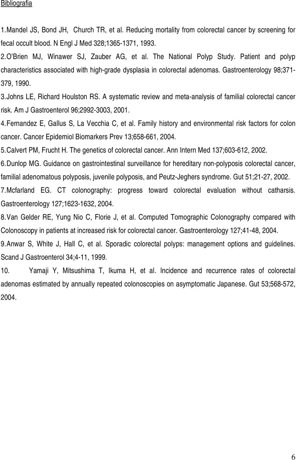 Johns LE, Richard Houlston RS. A systematic review and meta-analysis of familial colorectal cancer risk. Am J Gastroenterol 96;2992-3003, 2001. 4. Fernandez E, Gallus S, La Vecchia C, et al.