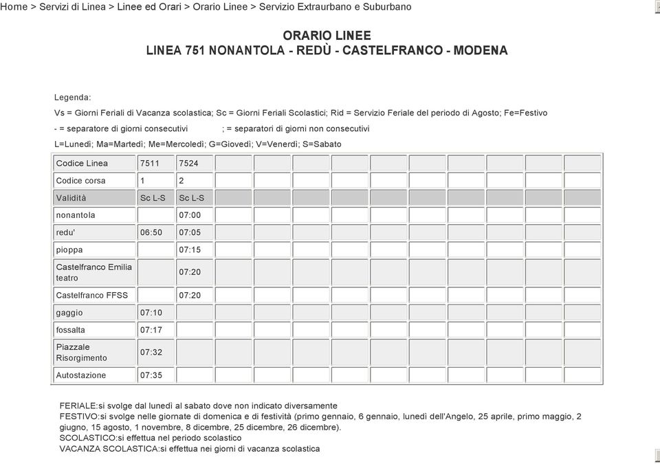 svolge dal lunedì al sabato dove non indicato diversamente FESTIVO:si svolge nelle giornate di domenica e di festività (primo gennaio, 6 gennaio, lunedì dell'angelo, 25 aprile, primo