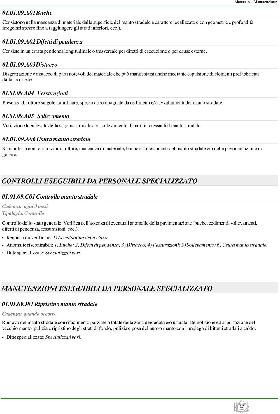 ecc.). A02 Difetti di pendenza Consiste in un errata pendenza longitudinale o trasversale per difetti di esecuzione o per cause esterne.