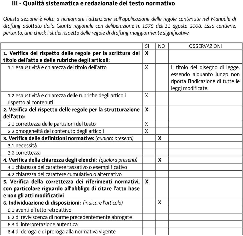 Verifica del rispetto delle regole per la scrittura del X titolo dell atto e delle rubriche degli articoli: 1.