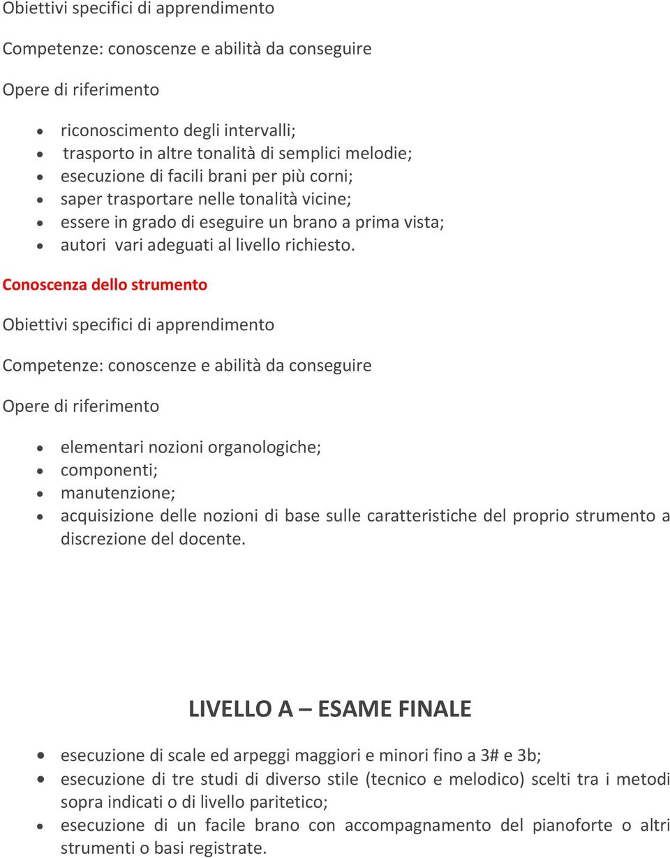 Conoscenza dello strumento elementari nozioni organologiche; componenti; manutenzione; acquisizione delle nozioni di base sulle caratteristiche del proprio strumento a discrezione del