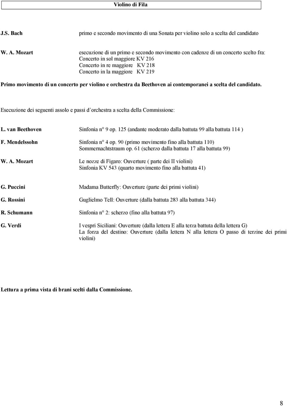 di un concerto per violino e orchestra da Beethoven ai contemporanei a scelta del candidato. L. van Beethoven Sinfonia n 9 op. 125 (andante moderato dalla battuta 99 alla battuta 114 ) F.