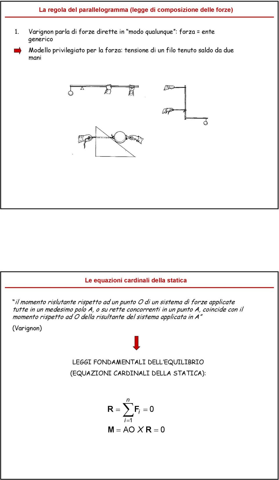 mani Le equazioni cardinali della statica il momento rislutante rispetto ad un punto O di un sistema di forze applicate tutte in un medesimo polo A, o