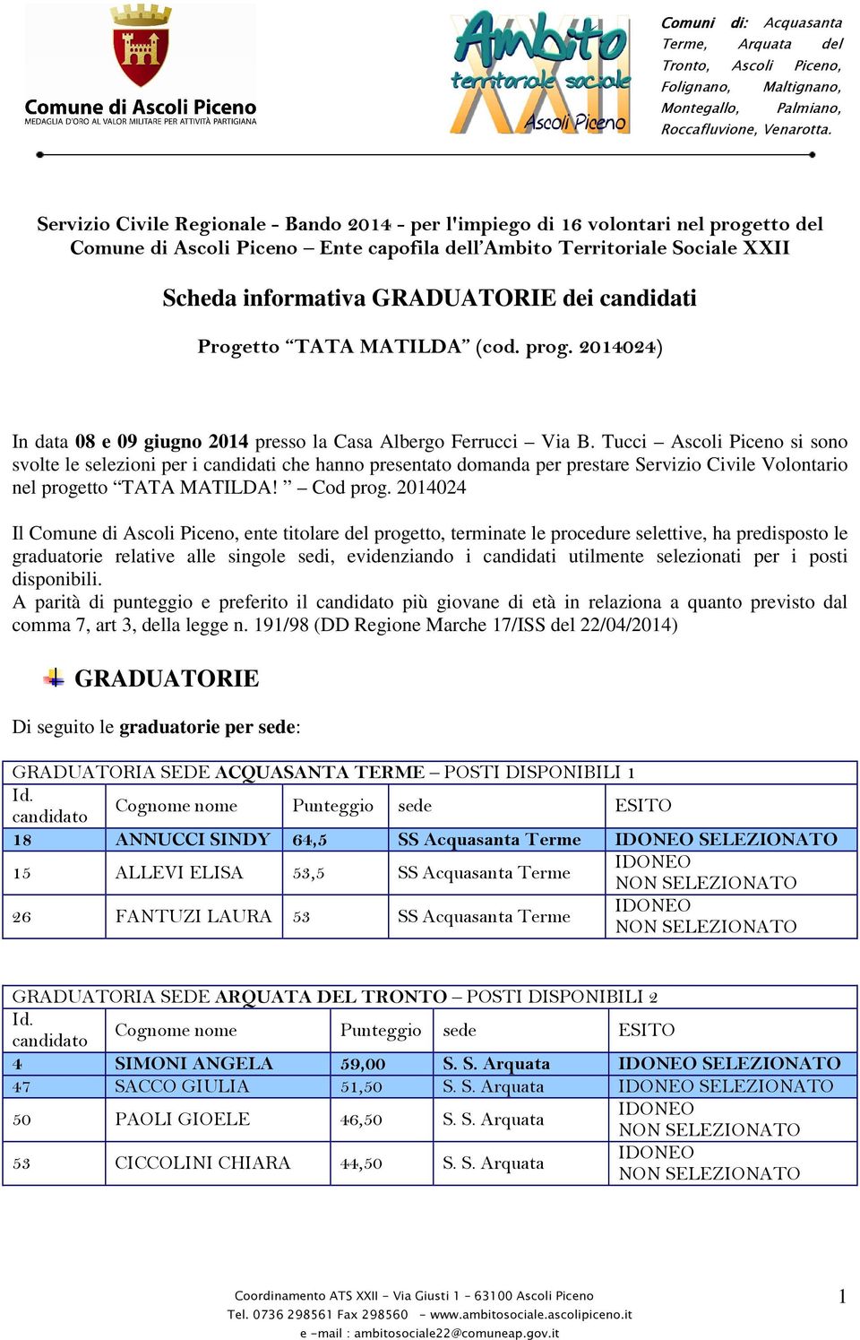 Tucci Ascoli Piceno si sono svolte le selezioni per i candidati che hanno presentato domanda per prestare Servizio Civile Volontario nel progetto TATA MATILDA! Cod prog.