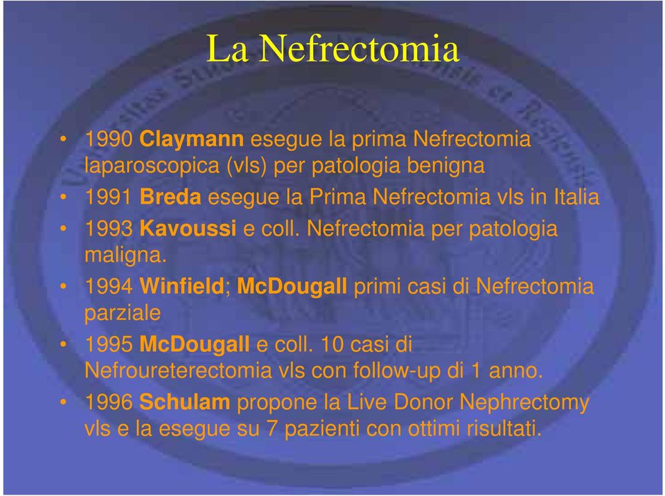 1994 Winfield; McDougall primi casi di Nefrectomia parziale 1995 McDougall e coll.