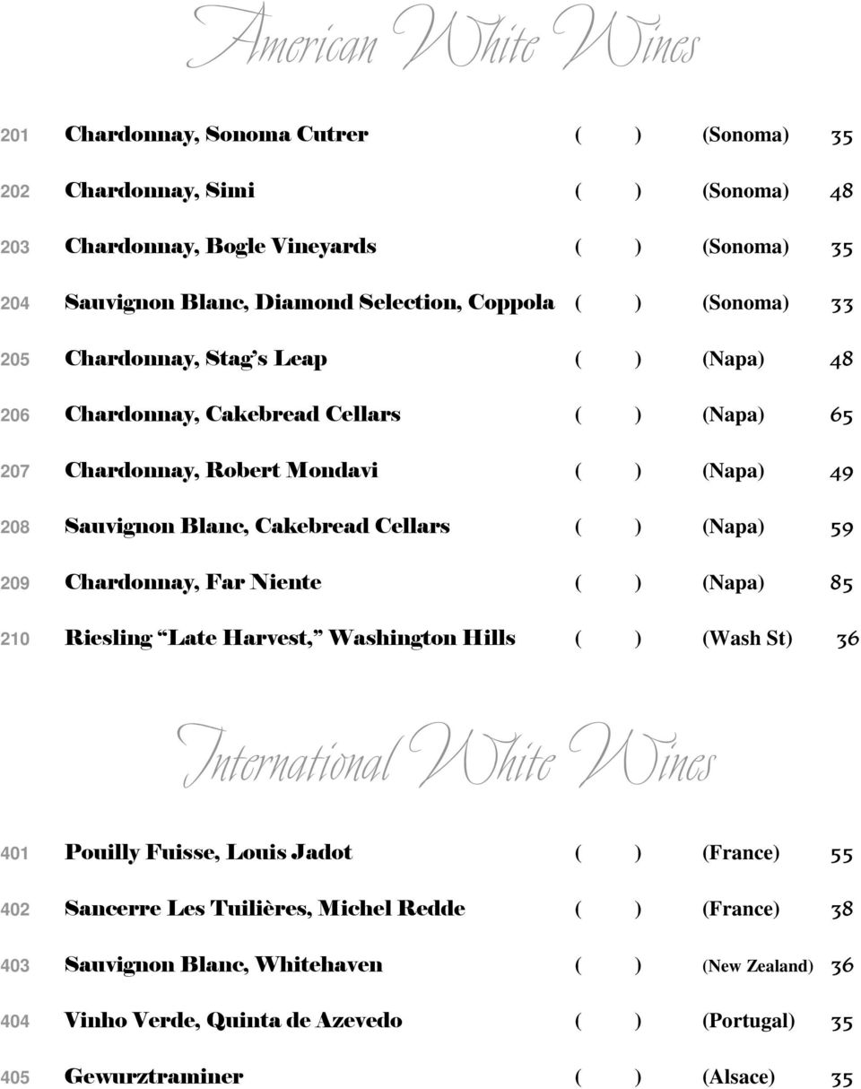 Cellars ( ) (Napa) 59 209 Chardonnay, Far Niente ( ) (Napa) 85 210 Riesling Late Harvest, Washington Hills ( ) (Wash St) 36 International White Wines 401 Pouilly Fuisse, Louis Jadot ( ) (France)