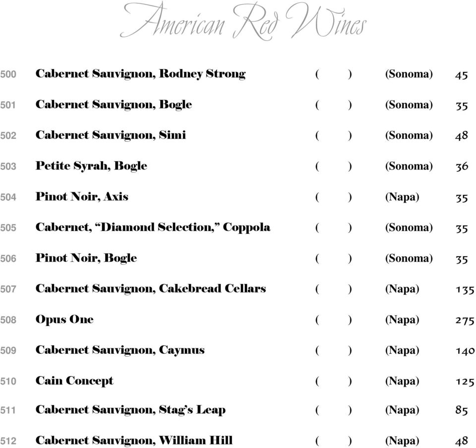 Pinot Noir, Bogle ( ) (Sonoma) 35 507 Cabernet Sauvignon, Cakebread Cellars ( ) (Napa) 135 508 Opus One ( ) (Napa) 275 509 Cabernet Sauvignon, Caymus