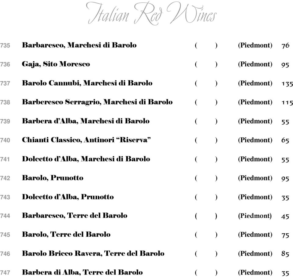 741 Dolcetto d Alba, Marchesi di Barolo ( ) (Piedmont) 55 742 Barolo, Prunotto ( ) (Piedmont) 95 743 Dolcetto d Alba, Prunotto ( ) (Piedmont) 35 744 Barbaresco, Terre del