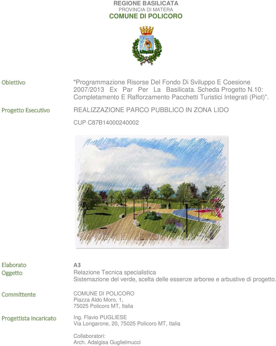 REALIZZAZIONE PARCO PUBBLICO IN ZONA LIDO CUP C87B14000240002 Elaborato Oggetto Committente Progettista incaricato A3 Relazione Tecnica specialistica Sistemazione del