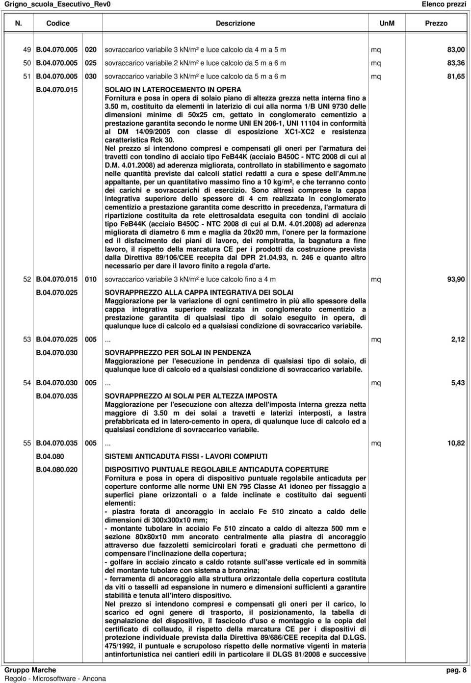 50 m, costituito da elementi in laterizio di cui alla norma 1/B UNI 9730 delle dimensioni minime di 50x25 cm, gettato in conglomerato cementizio a prestazione garantita secondo le norme UNI EN 206-1,