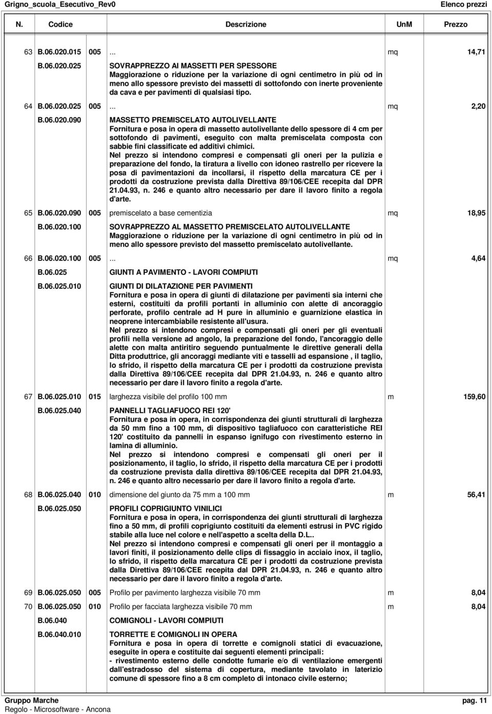 025 SOVRAPPREZZO AI MASSETTI PER SPESSORE Maggiorazione o riduzione per la variazione di ogni centimetro in più od in meno allo spessore previsto dei massetti di sottofondo con inerte proveniente da