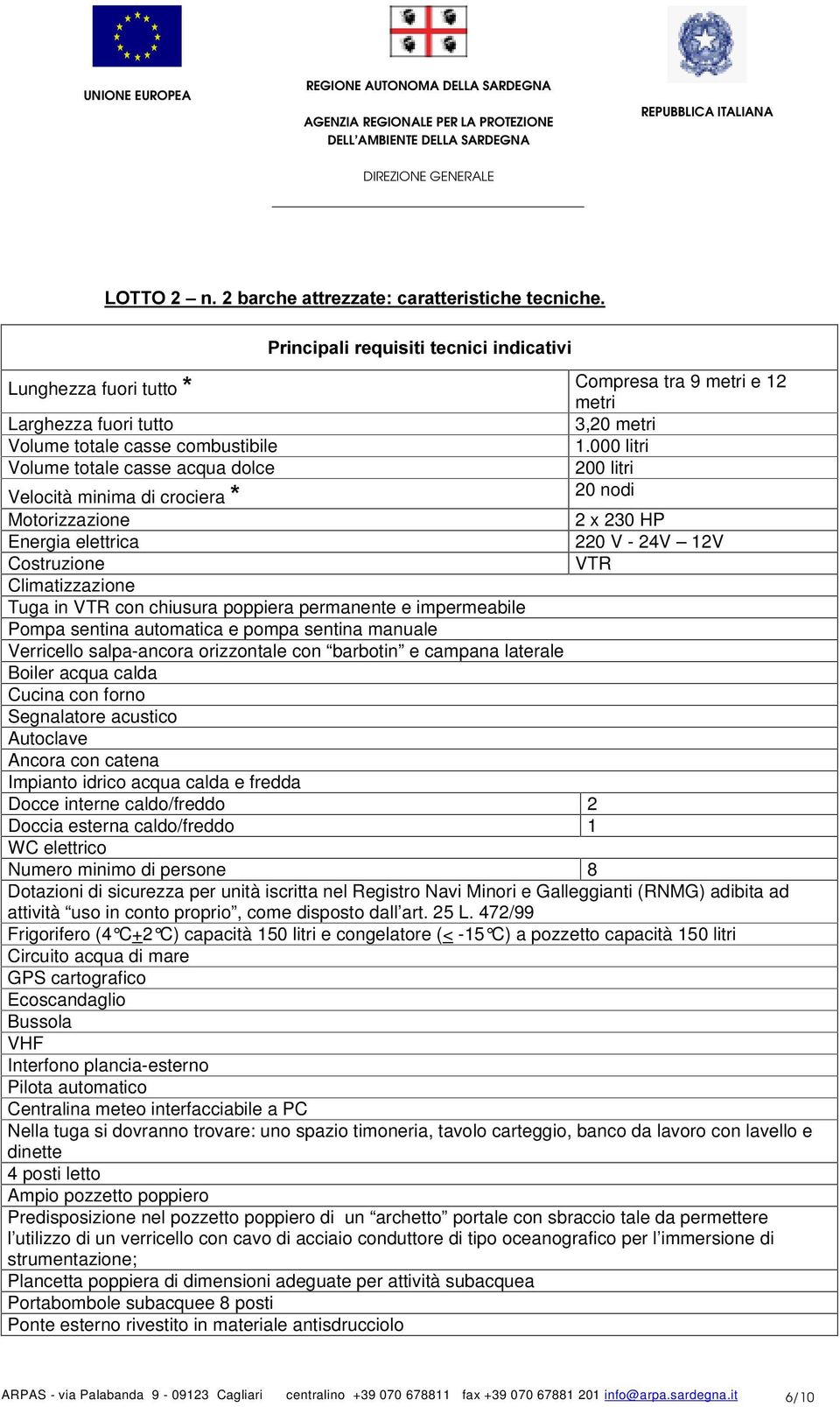 000 litri Volume totale casse acqua dolce 200 litri Velocità minima di crociera 20 nodi Motorizzazione 2 x 230 HP Energia elettrica 220 V - 24V 12V Costruzione VTR Climatizzazione Tuga in VTR con