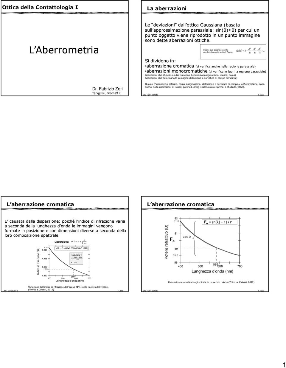 Si dividono in: aberrazione cromatica (si verifica anche nella regione parassiale) aberrazioni monocromatiche (si verificano fuori la regione parassiale) Aberrazioni che sfuocano e diminuiscono il