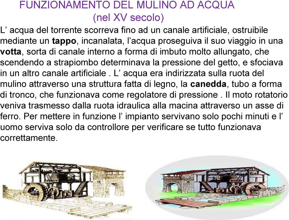 L acqua era indirizzata sulla ruota del mulino attraverso una struttura fatta di legno, la canedda, tubo a forma di tronco, che funzionava come regolatore di pressione.