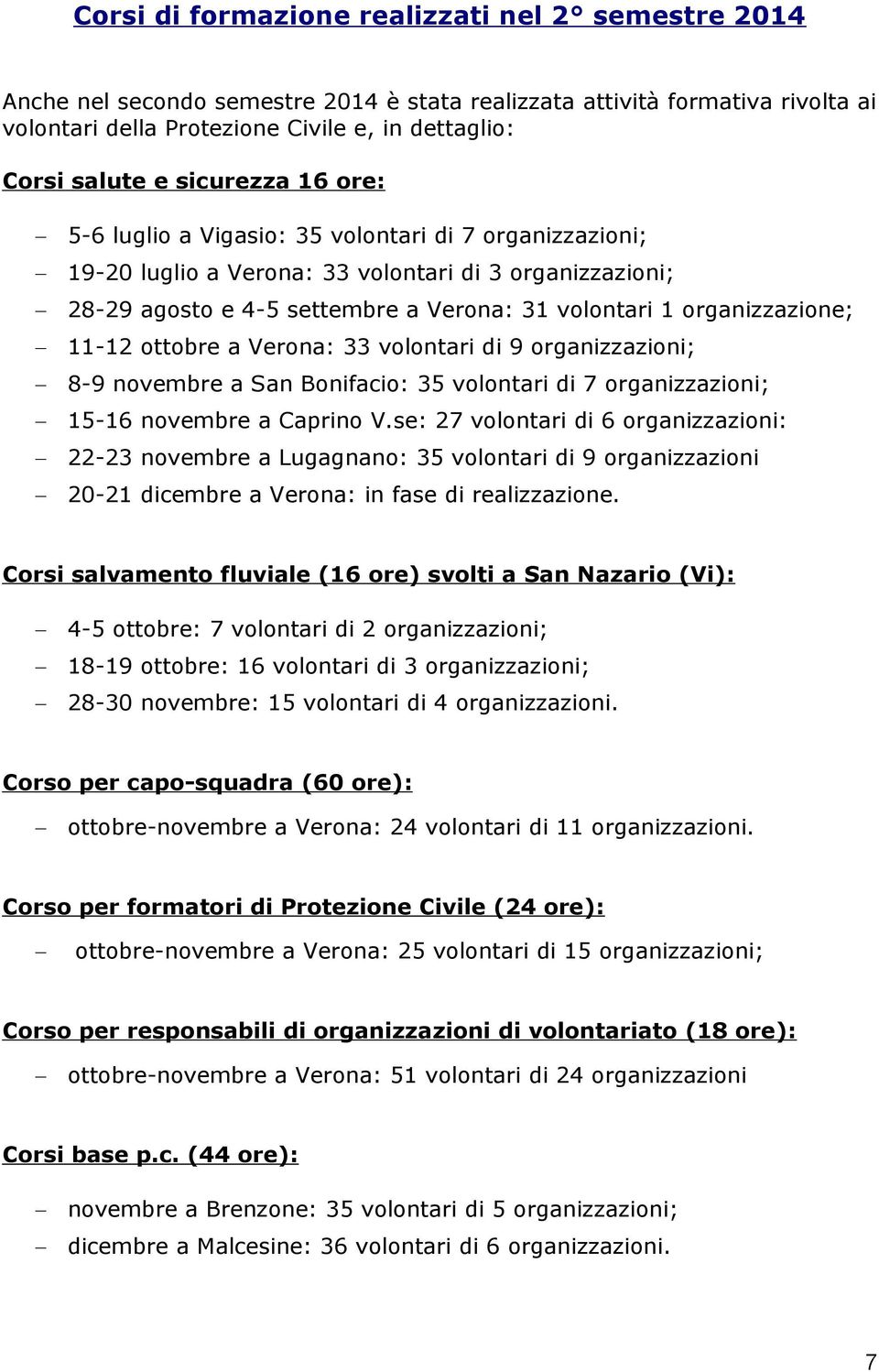 organizzazione; 11-12 ottobre a Verona: 33 volontari di 9 organizzazioni; 8-9 novembre a San Bonifacio: 35 volontari di 7 organizzazioni; 15-16 novembre a Caprino V.