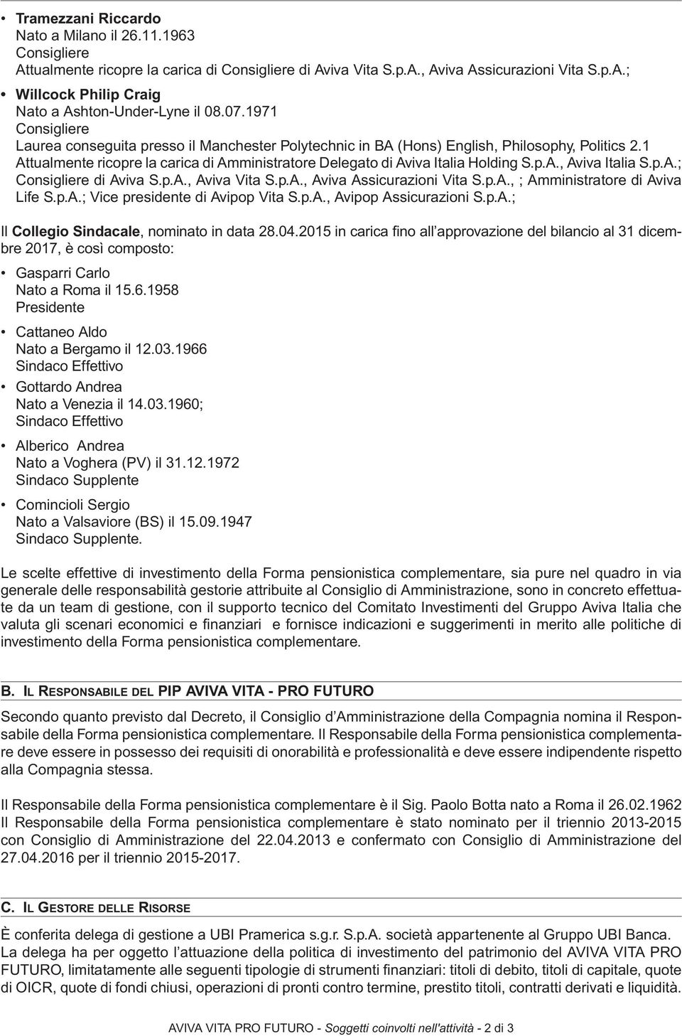 1 Attualmente ricopre la carica di Amministratore Delegato di Aviva Italia Holding S.p.A., Aviva Italia S.p.A.; Consigliere di Aviva S.p.A., Aviva Vita S.p.A., Aviva Assicurazioni Vita S.p.A., ; Amministratore di Aviva Life S.