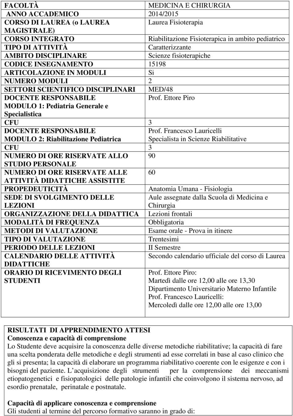 Ettore Piro MODULO 1: Pediatria Generale e Specialistica CFU DOCENTE RESPONSABILE MODULO 2: Riabilitazione Pediatrica Prof.