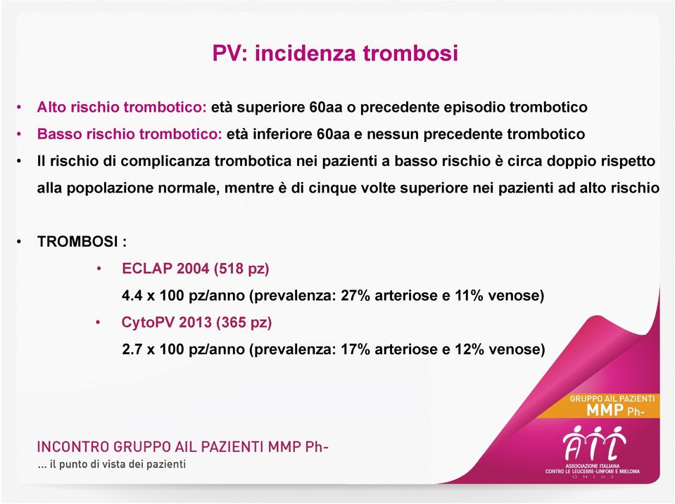 rispetto alla popolazione normale, mentre è di cinque volte superiore nei pazienti ad alto rischio TROMBOSI : ECLAP 2004 (518 pz) 4.