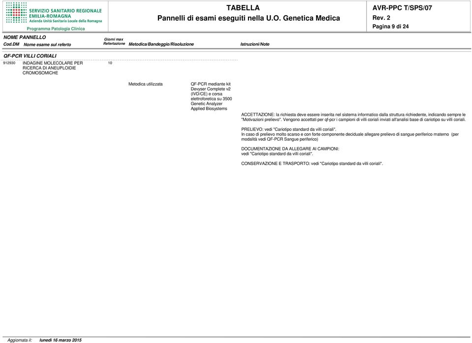 Vengono accettati per qf-pcr i campioni di villi coriali inviati all'analisi base di cariotipo su villi coriali. PRELIEVO: vedi "Cariotipo standard da villi coriali".