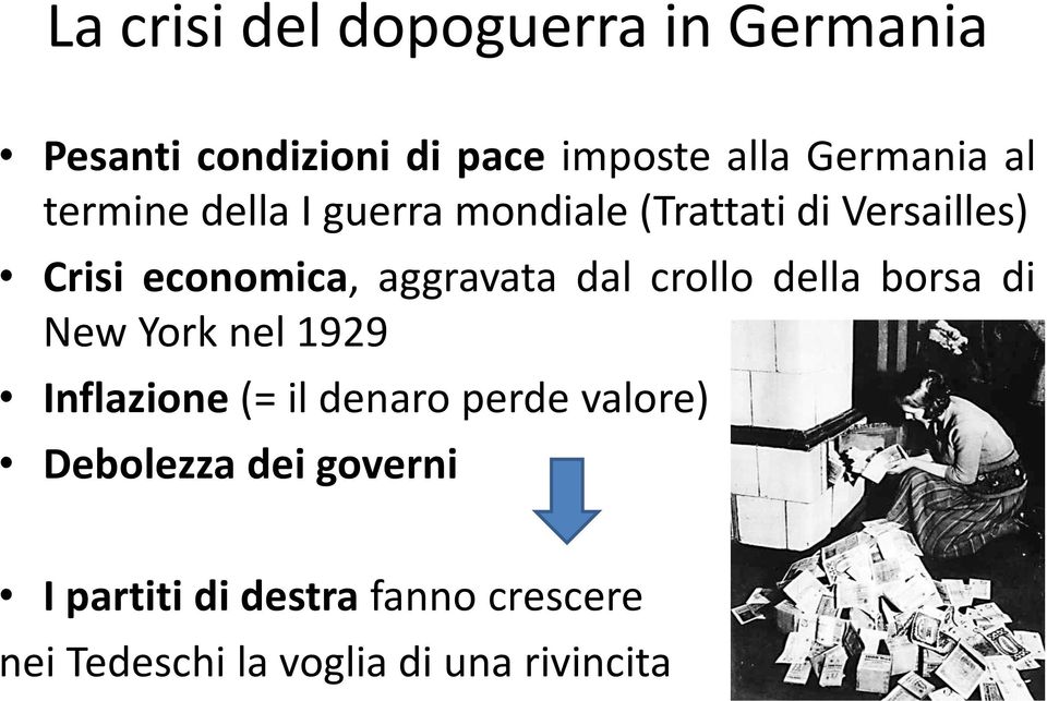 crollo della borsa di New York nel 1929 Inflazione (= il denaro perde valore) Debolezza