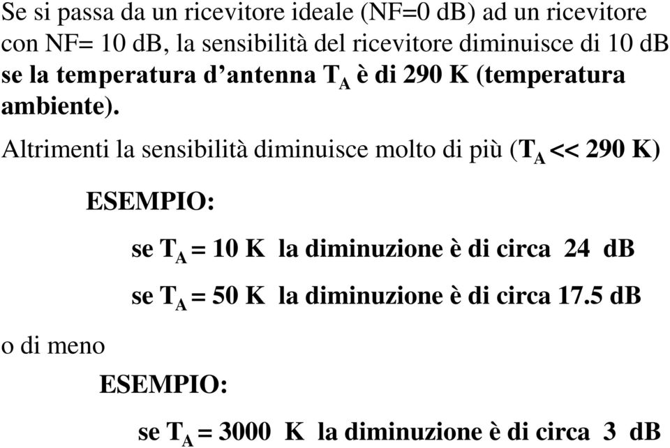 Altrimenti la sensibilità diminuisce molto di più (T A << 290 K) o di meno ESEMPIO: se T A = 10 K la