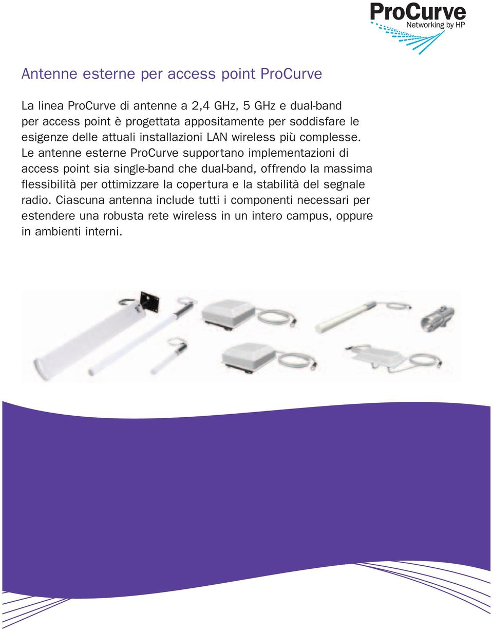 Le antenne esterne ProCurve supportano implementazioni di access point sia single-band che dual-band, offrendo la massima