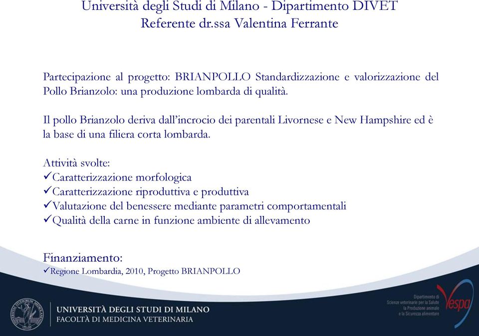 Il pollo Brianzolo deriva dall incrocio dei parentali Livornese e New Hampshire ed è la base di una filiera corta lombarda.