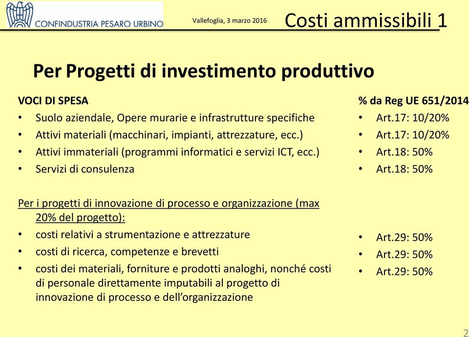 18: 50% Per i progetti di innovazione di processo e organizzazione (max 20% del progetto): costi relativi a strumentazione e attrezzature costi di ricerca, competenze e brevetti