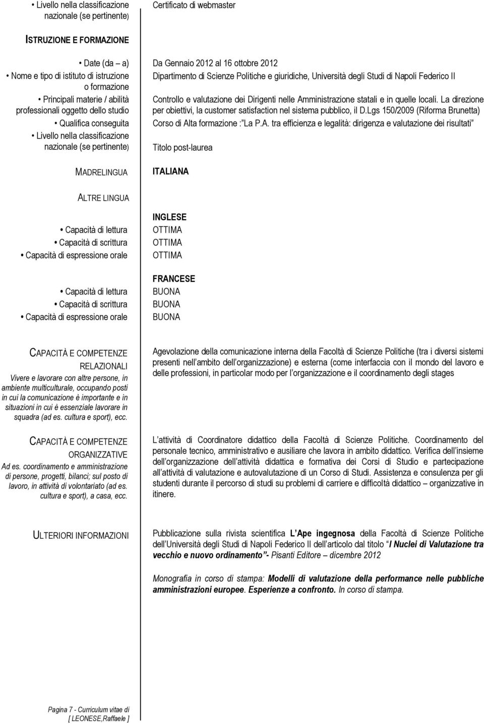 Lgs 150/2009 (Riforma Brunetta) Qualifica conseguita Corso di Al