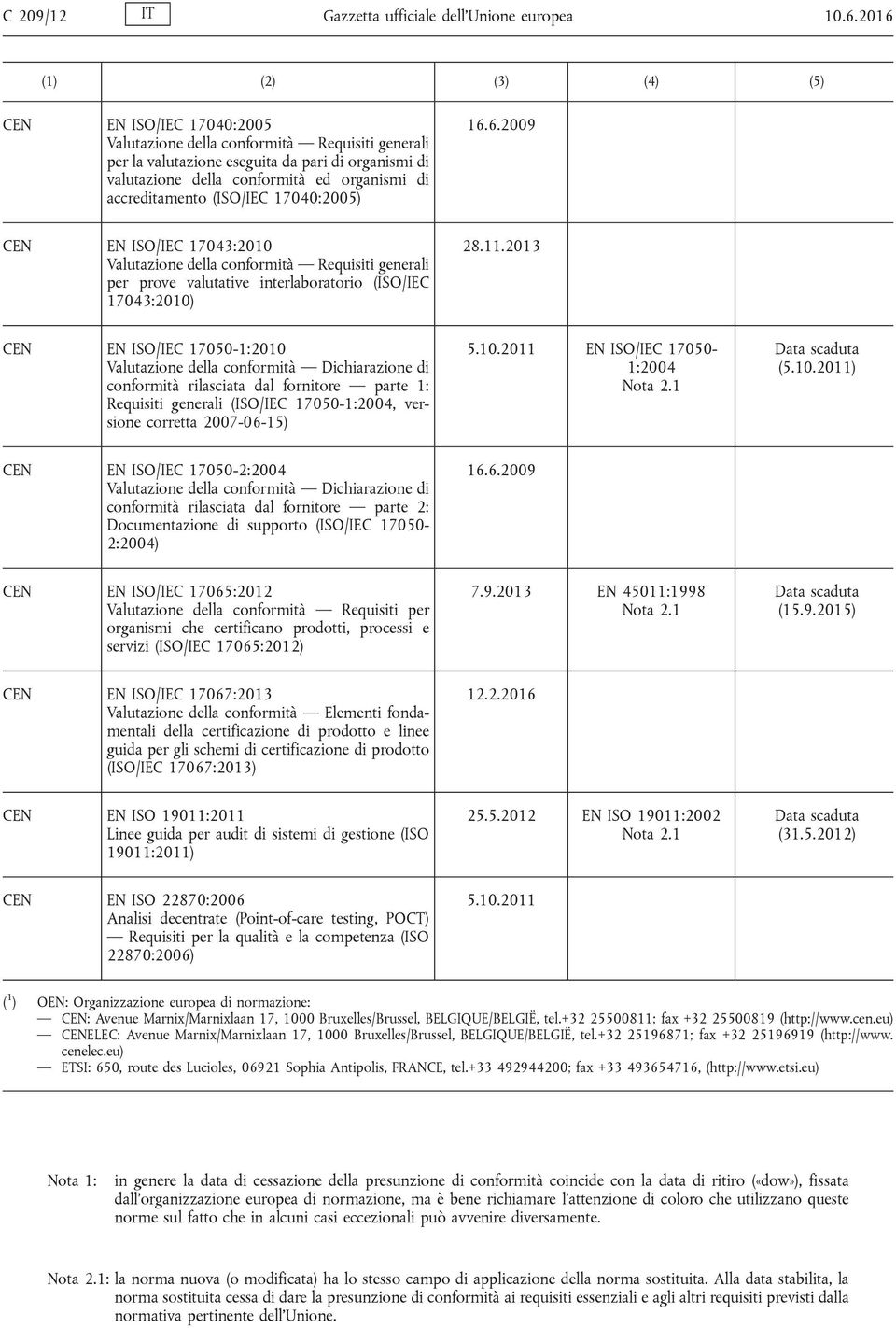 17040:2005) 16.6.2009 EN ISO/IEC 17043:2010 Valutazione della conformità Requisiti generali per prove valutative interlaboratorio (ISO/IEC 17043:2010) 28.11.